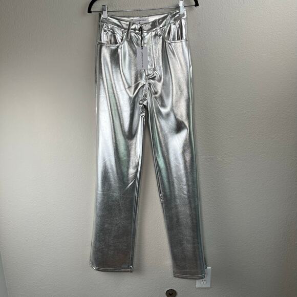 Anthropologie WWW Silver High Rise Y2K Metallic Mirror Straight Leg Pants 26 NWT - Picture 13 of 14